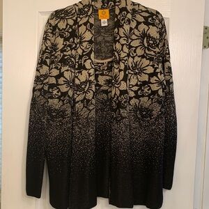 Ruby Rd. Black and Cream Floral Knit Open Cardigan